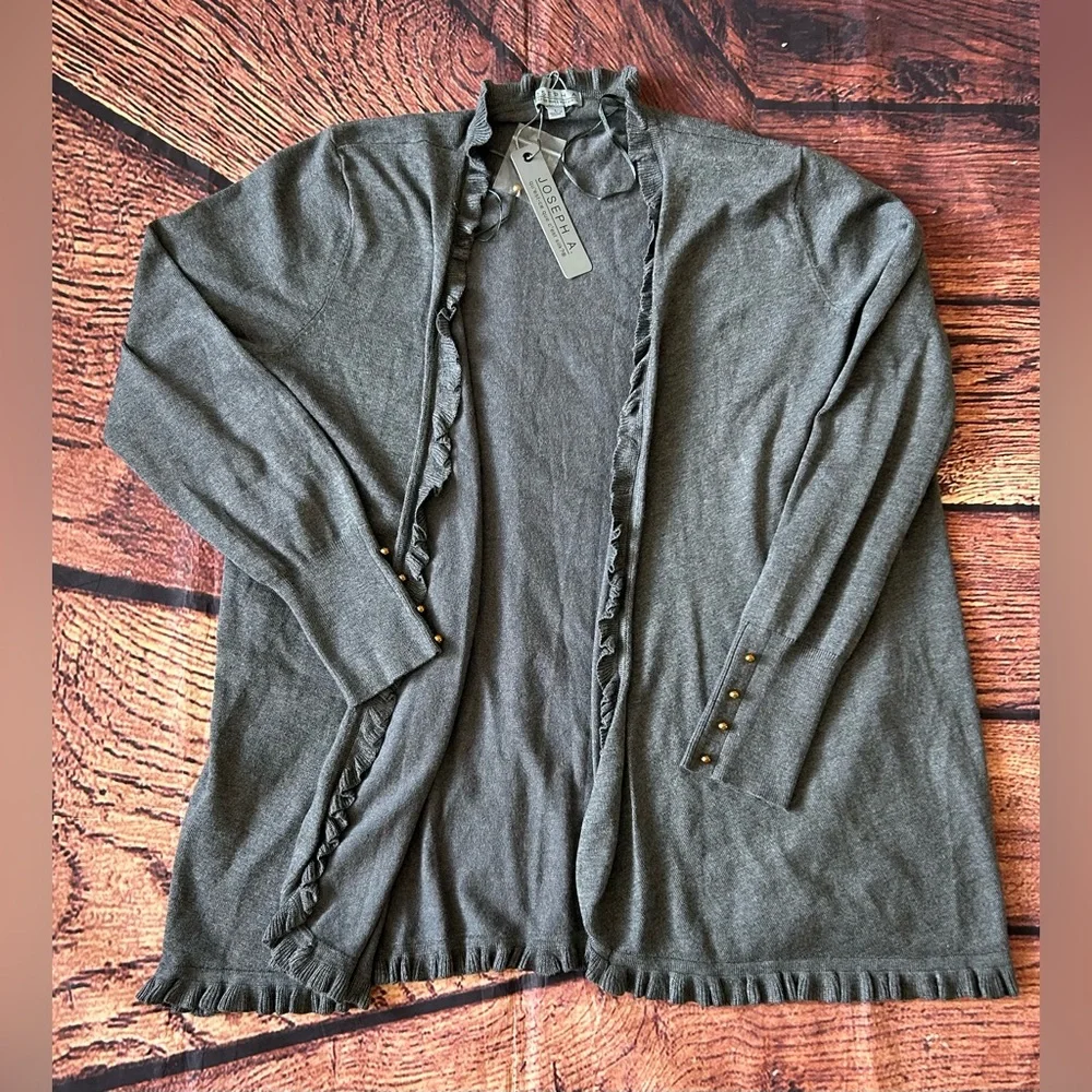 JOSEPH A‎ Women Charcoal Gray Ruffle Long Sleeve Open Front Cardigan Sweater L